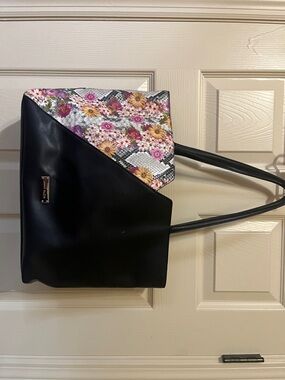 Anne Klein Black Shoulder Tote with Floral Accent